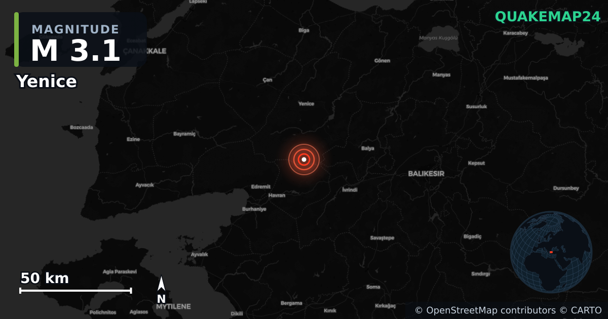 M3.1 earthquake near Yenice on Oct 27, 2025 — map of epicenter and shaking intensity | QuakeMap24