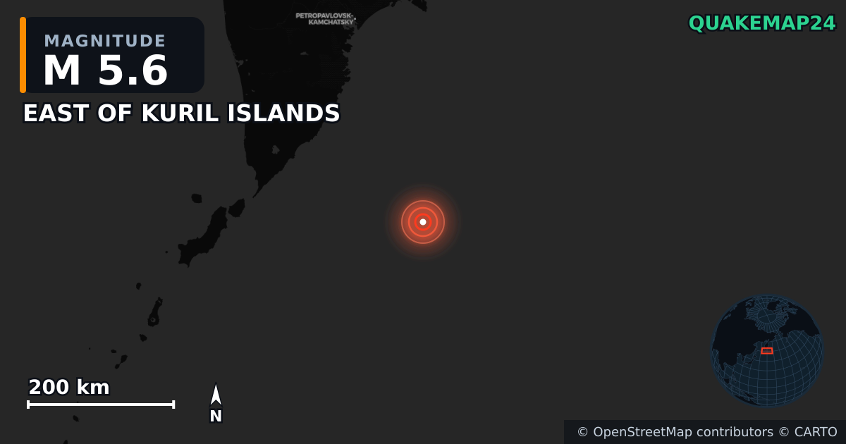 M5.6 earthquake near EAST OF KURIL ISLANDS on Dec 9, 2025 — map of epicenter and shaking intensity | QuakeMap24