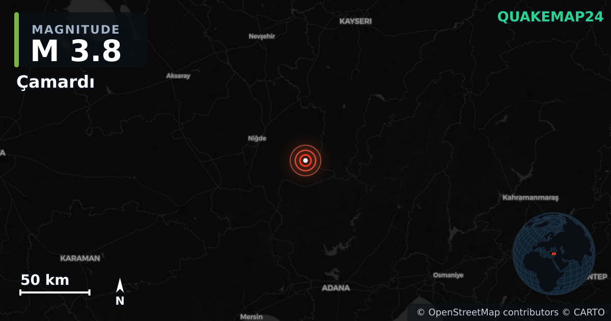M3.8 earthquake near Çamardı on Jul 11, 2026 — map of epicenter and shaking intensity | QuakeMap24