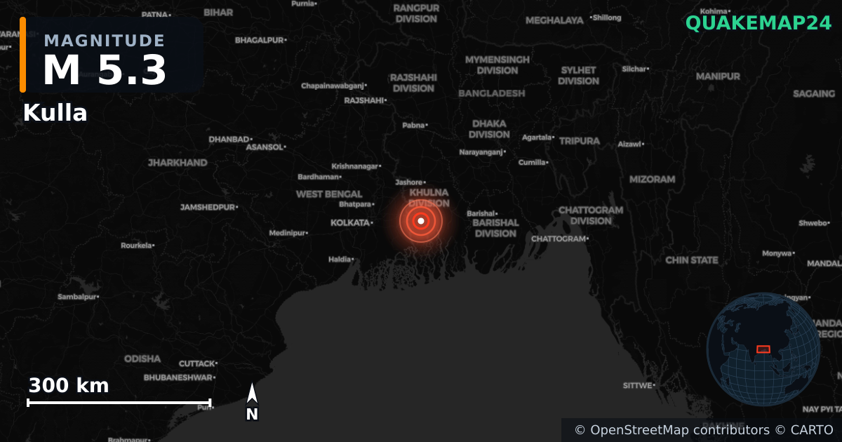M5.3 earthquake near Kulla on Feb 27, 2026 — map of epicenter and shaking intensity | QuakeMap24