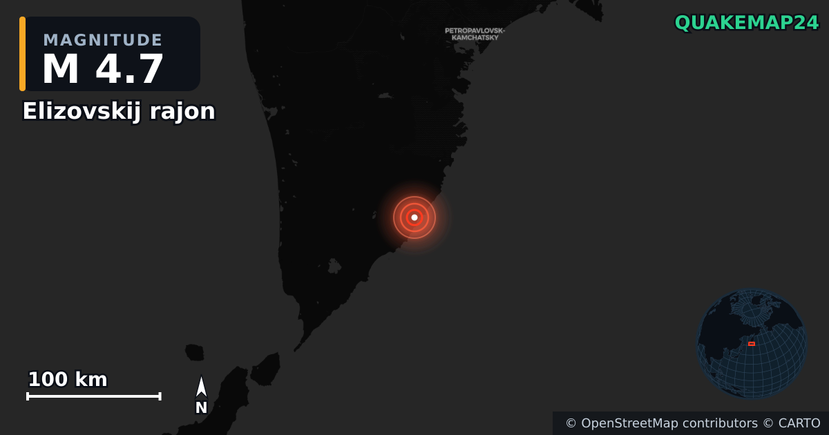 M4.7 earthquake near Elizovskij rajon on Mar 1, 2026 — map of epicenter and shaking intensity | QuakeMap24