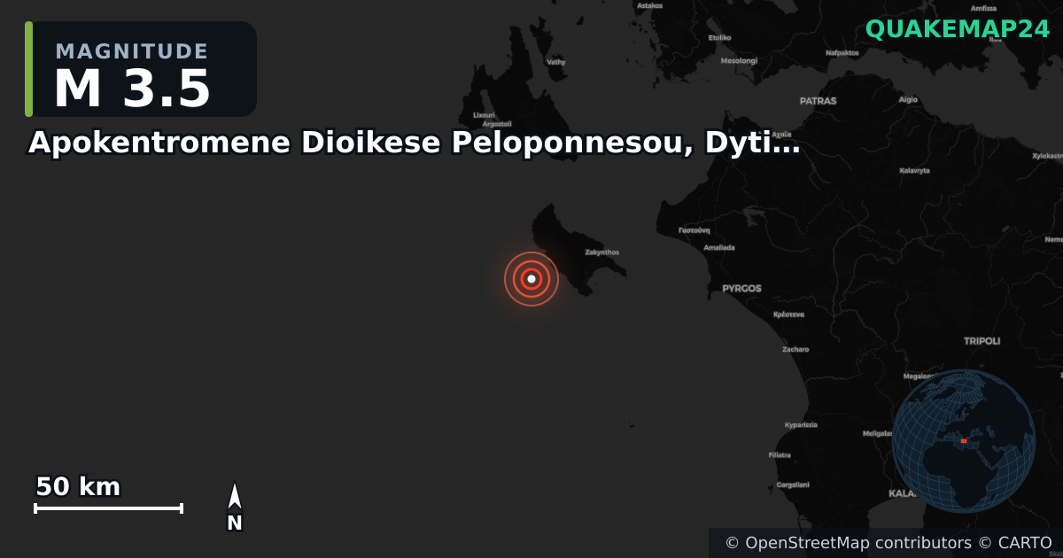 M3.5 earthquake near Apokentromene Dioikese Peloponnesou, Dytikes Elladas kai Ioniou on Jun 13, 2025 — map of epicenter and shaking intensity | QuakeMap24