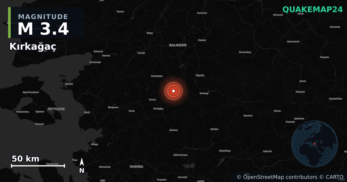 M3.4 earthquake near Kırkağaç on Oct 28, 2025 — map of epicenter and shaking intensity | QuakeMap24