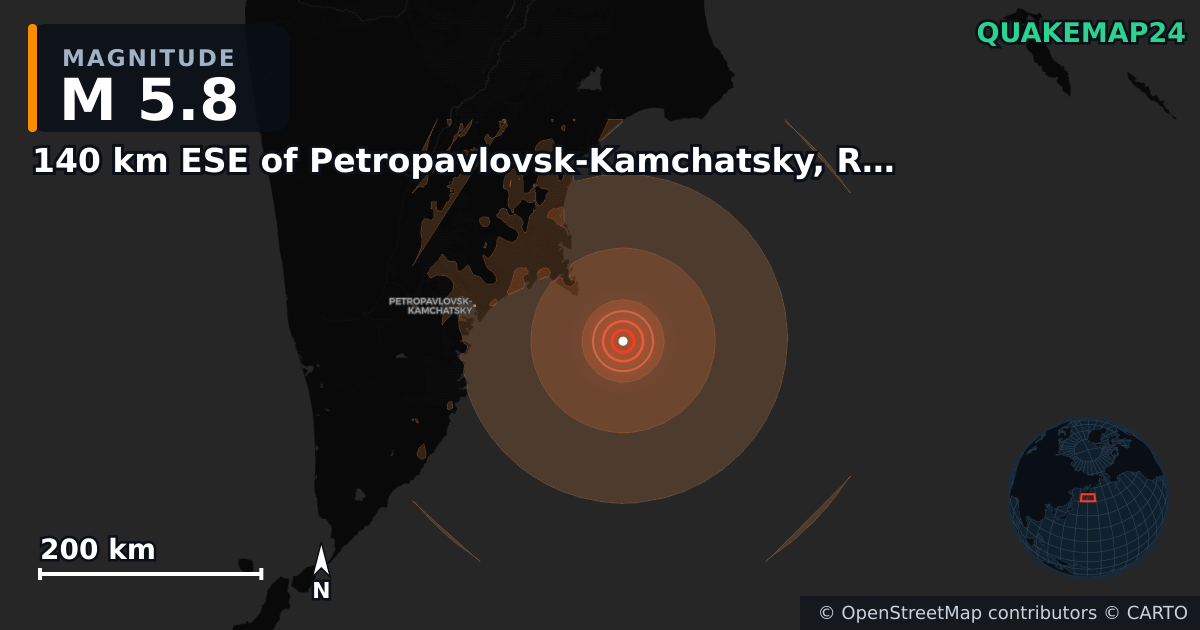 M5.8 earthquake near 140 km ESE of Petropavlovsk-Kamchatsky, Russia on Jun 20, 2026 — map of epicenter and shaking intensity | QuakeMap24