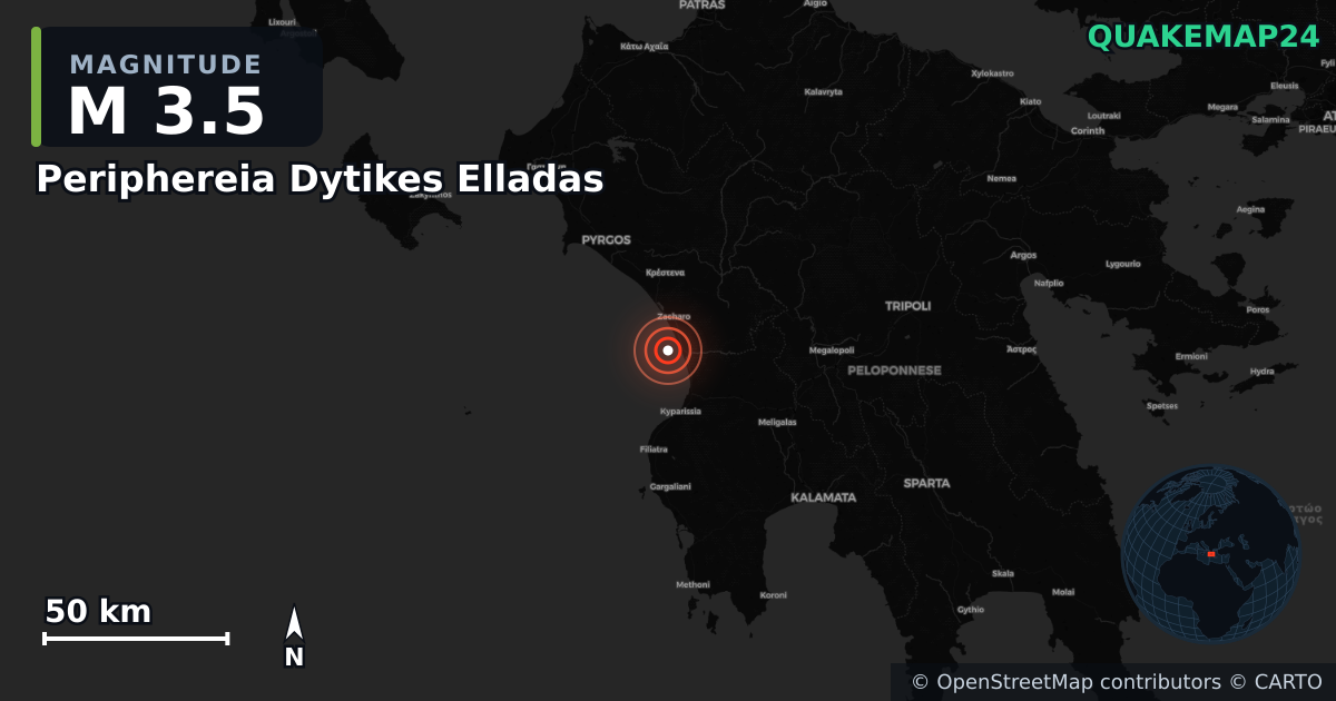 M3.5 earthquake near Periphereia Dytikes Elladas on Dec 20, 2025 — map of epicenter and shaking intensity | QuakeMap24