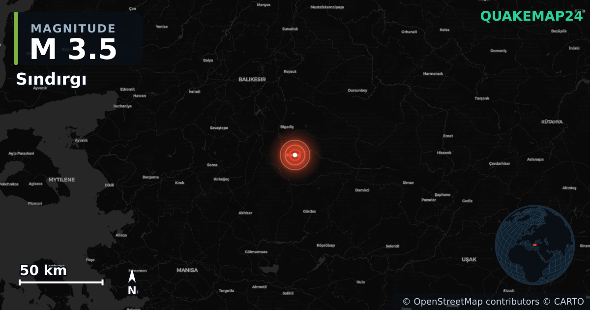 M3.5 earthquake near Sındırgı on Aug 18, 2025 — map of epicenter and shaking intensity | QuakeMap24