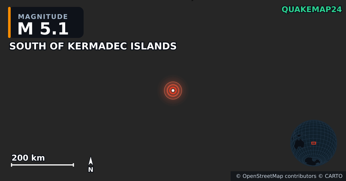 M5.1 earthquake near SOUTH OF KERMADEC ISLANDS on Apr 5, 2026 — map of epicenter and shaking intensity | QuakeMap24