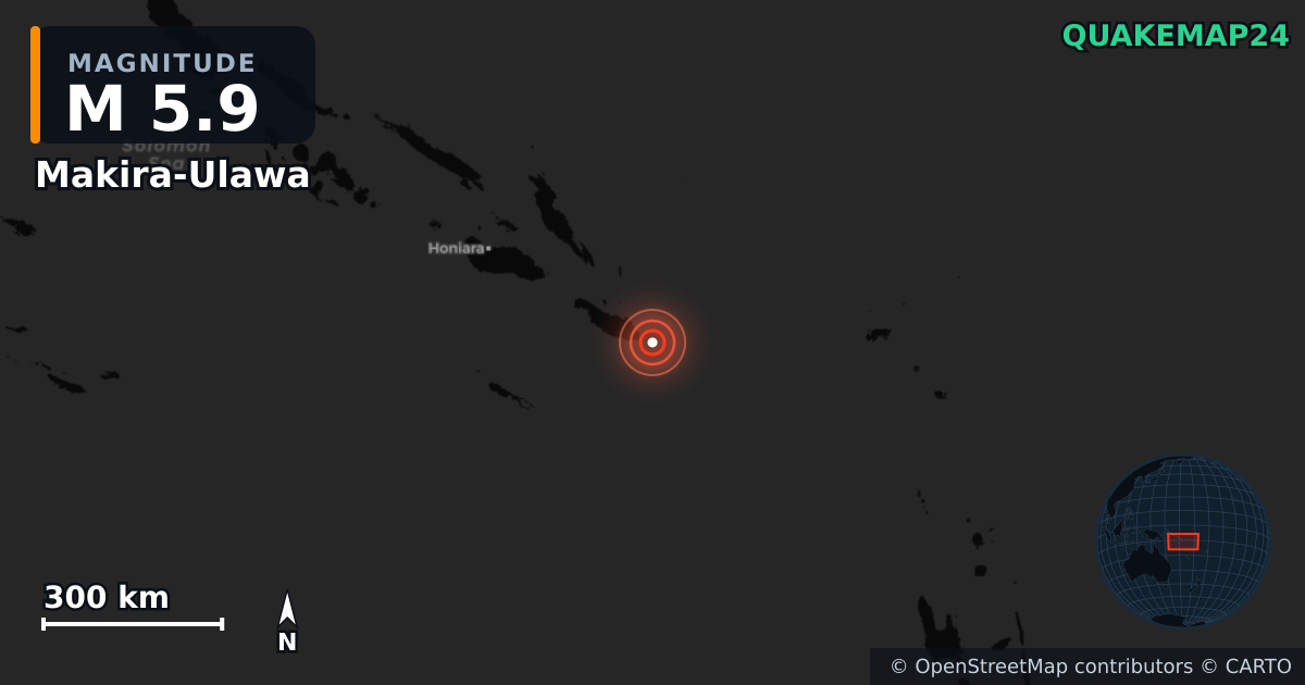M5.9 earthquake near Makira-Ulawa on Jun 24, 2025 — map of epicenter and shaking intensity | QuakeMap24