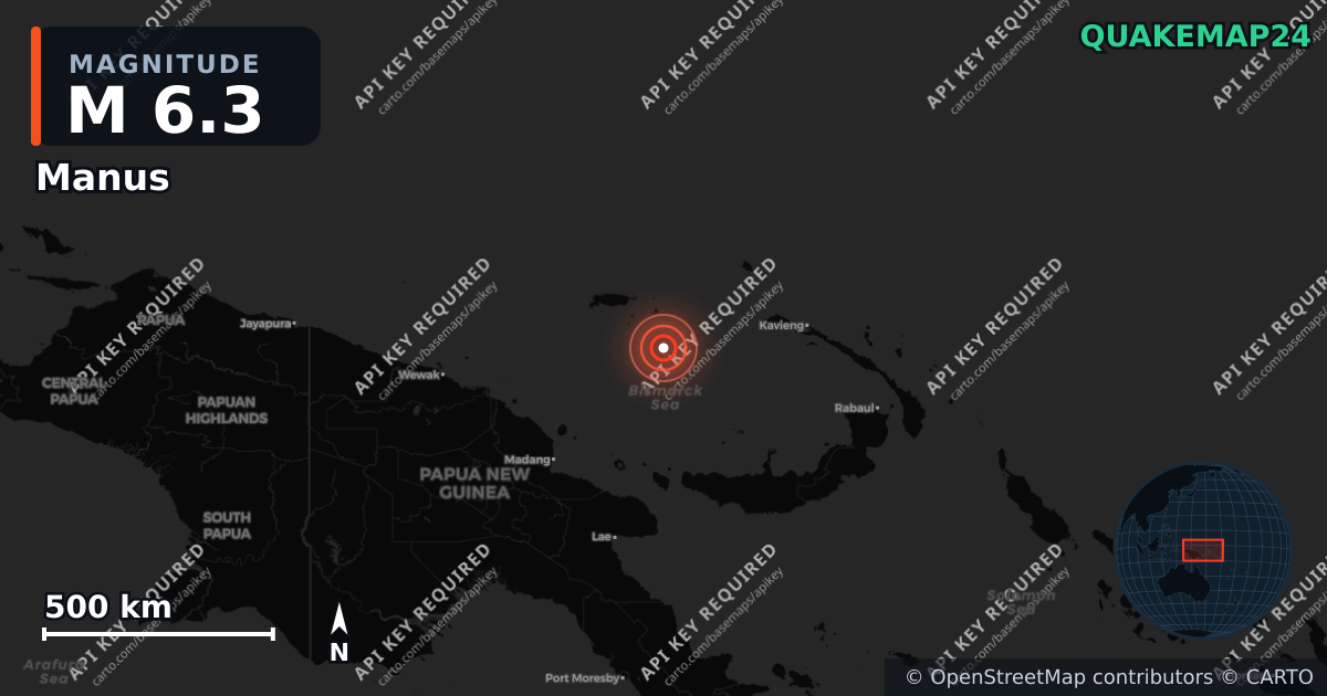 M6.3 earthquake near Manus on Oct 10, 2025 — map of epicenter and shaking intensity | QuakeMap24