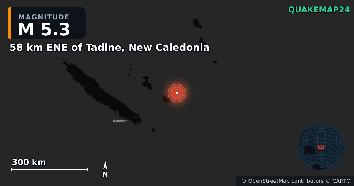 M5.3 Earthquake near 58 km ENE of Tadine, New Caledonia · 2026-09-26 — Map showing the location of the epicenter