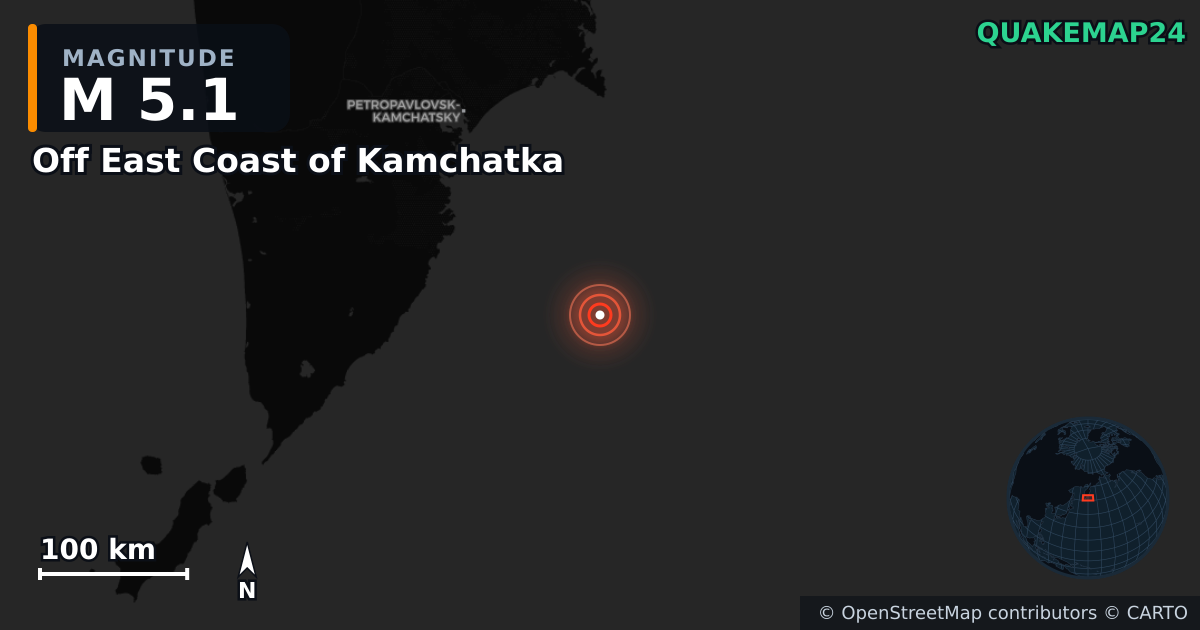 M5.1 earthquake near Off East Coast of Kamchatka on Dec 20, 2025 — map of epicenter and shaking intensity | QuakeMap24