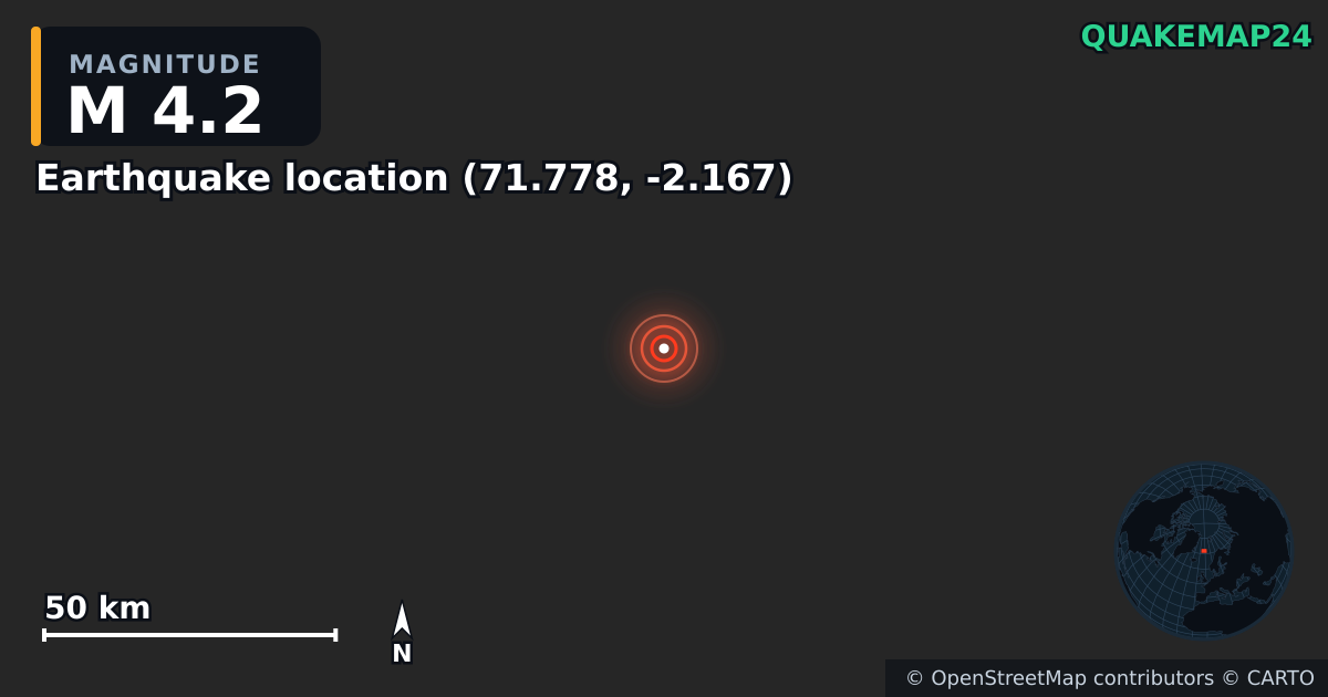 M4.2 earthquake near Earthquake location (71.778, -2.167) on Feb 22, 2025 — map of epicenter and shaking intensity | QuakeMap24