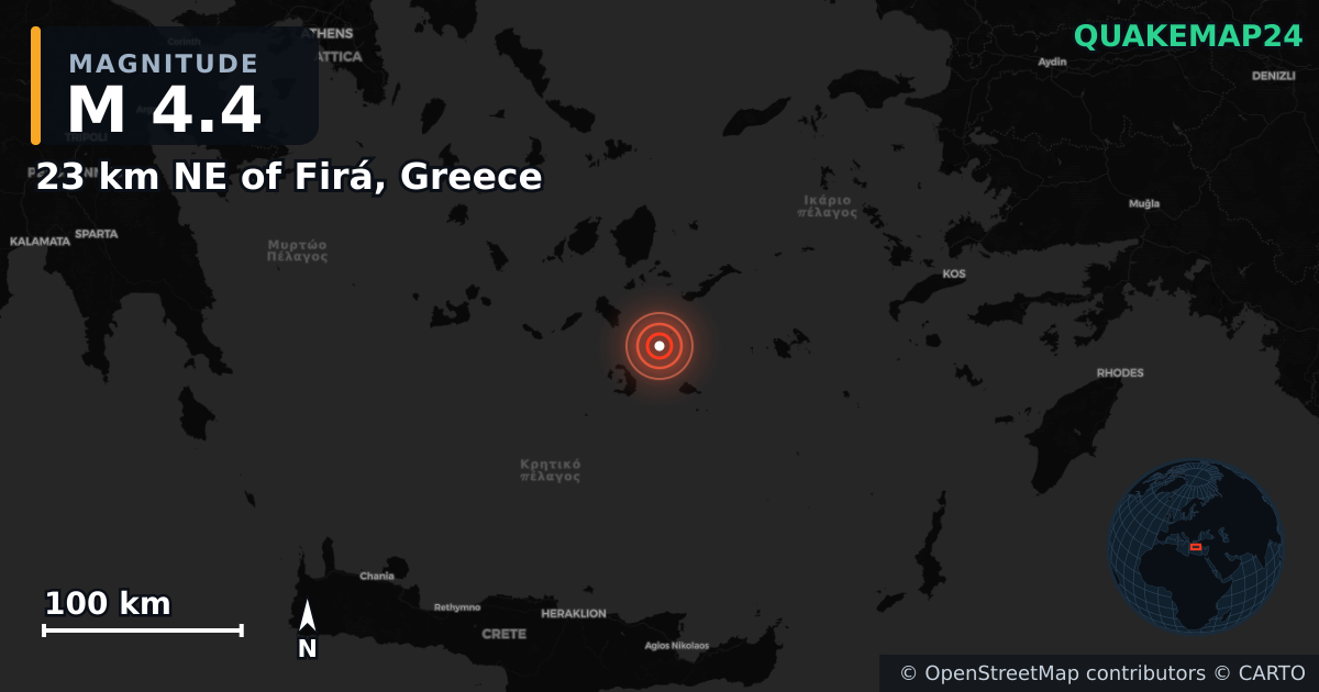 M4.4 earthquake near 23 km NE of Firá, Greece on Feb 4, 2025 — map of epicenter and shaking intensity | QuakeMap24