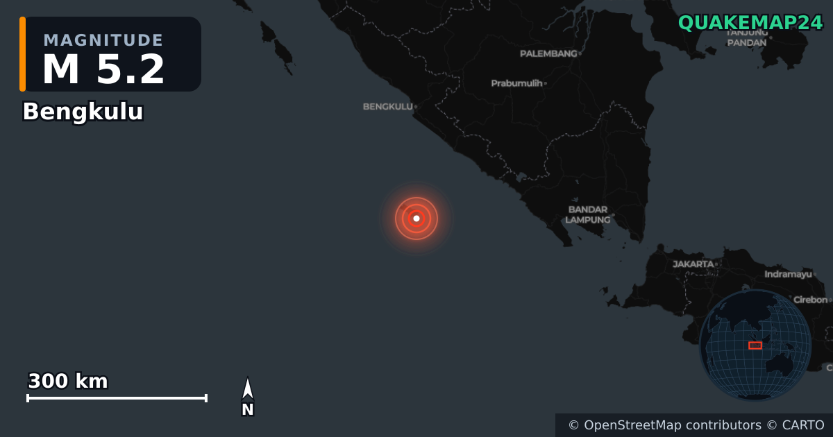 Sismo de M5,2 perto de 189 km S of Bengkulu, Indonesia (Indonésia) · 2025-12-27 — Mapa da localização do epicentro