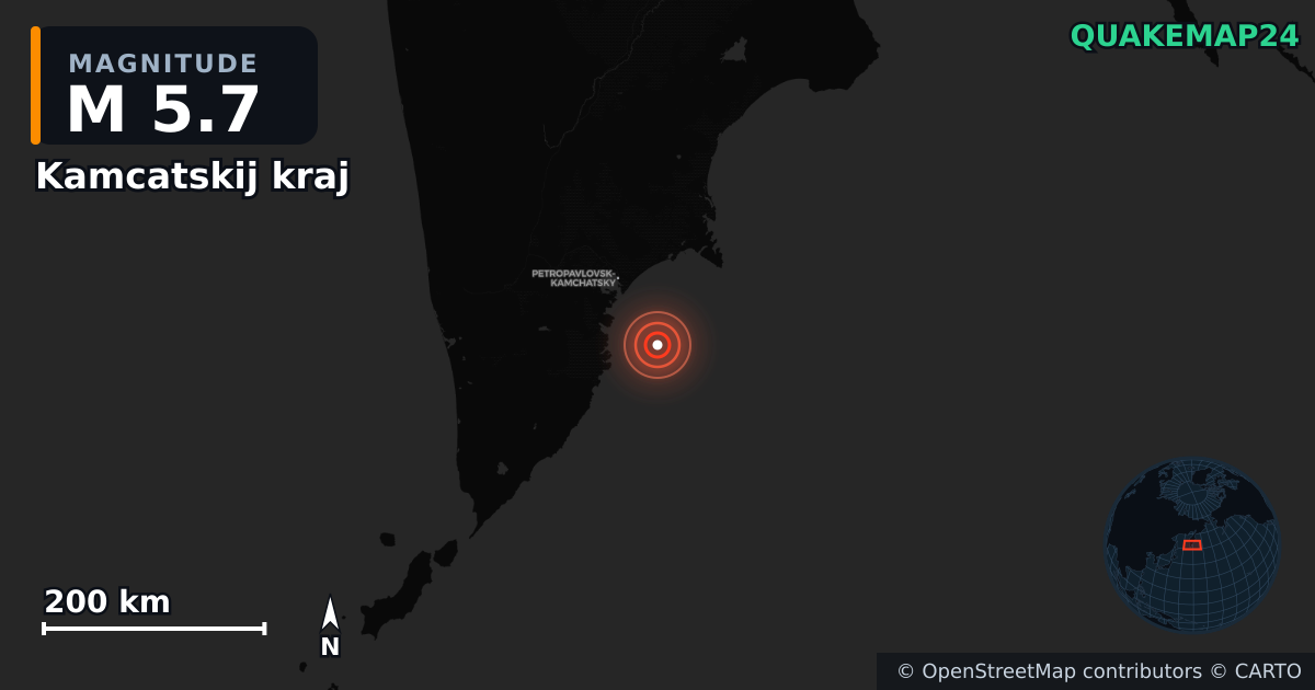 M5.7 earthquake near Kamcatskij kraj on Jan 6, 2026 — map of epicenter and shaking intensity | QuakeMap24