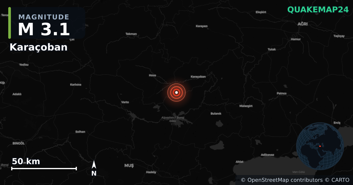 Sismo de M3,1 perto de Karaçoban, Erzurum (Turquia) · 2026-06-12 — Mapa da localização do epicentro