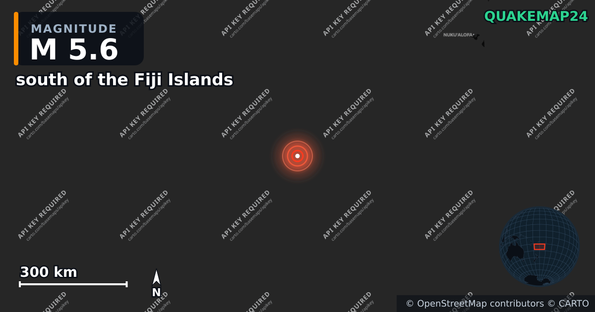 M5.6 earthquake near south of the Fiji Islands on Nov 21, 2025 — map of epicenter and shaking intensity | QuakeMap24