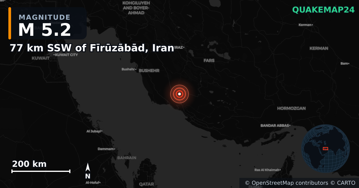 M5.2 earthquake near 77 km SSW of Fīrūzābād, Iran on Jan 6, 2025 — map of epicenter and shaking intensity | QuakeMap24