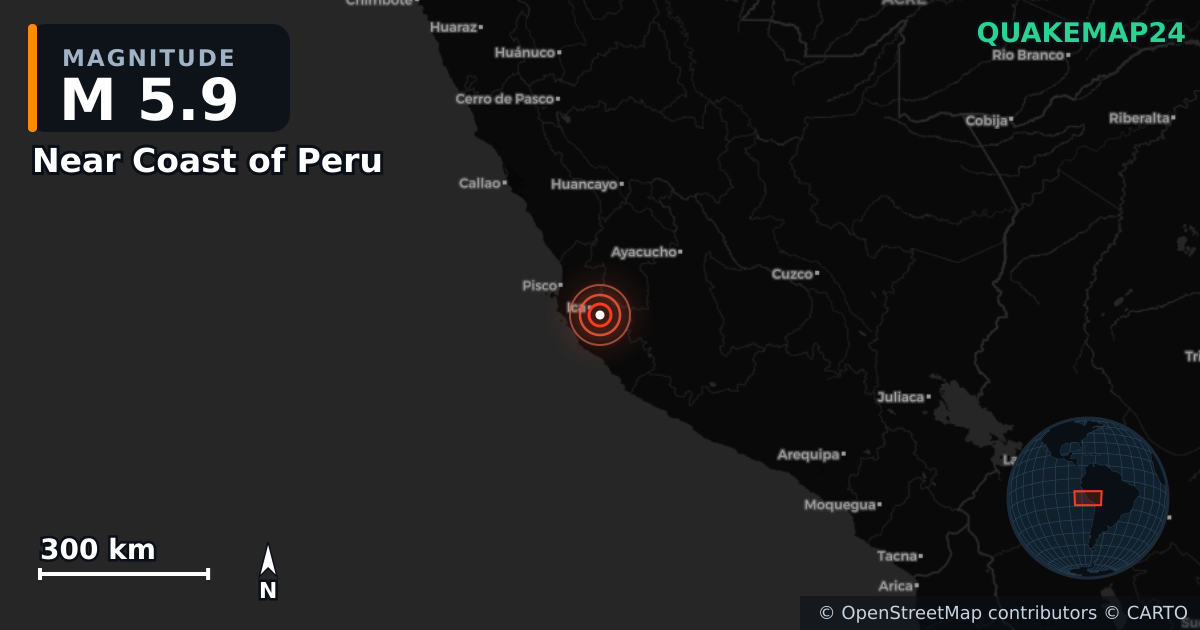 M5.9 earthquake near Near Coast of Peru on May 19, 2026 — map of epicenter and shaking intensity | QuakeMap24