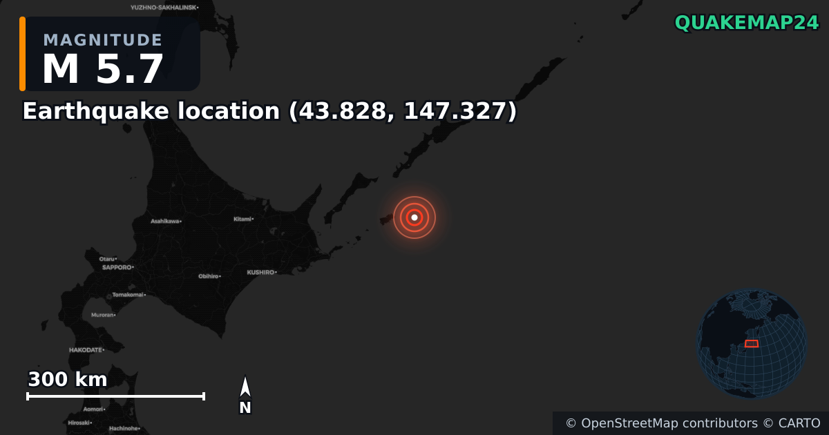 M5.7 earthquake near Deprem konumu (43.828, 147.327) on May 29, 2025 — map of epicenter and shaking intensity | QuakeMap24