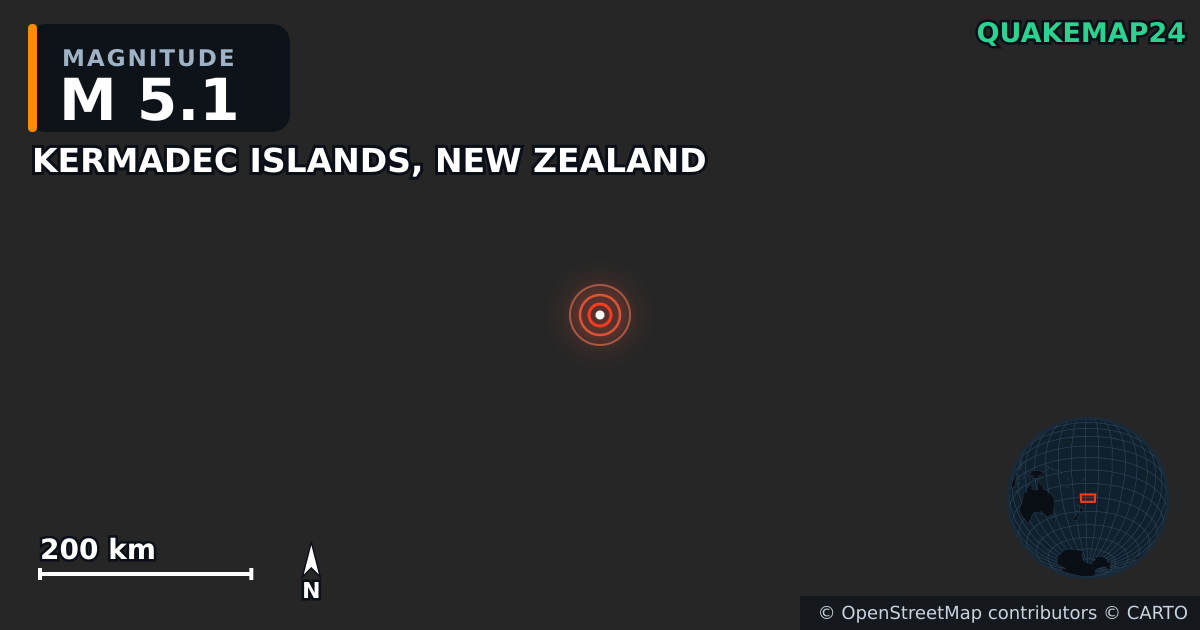 M5.1 earthquake near KERMADEC ISLANDS, NEW ZEALAND on Jul 6, 2025 — map of epicenter and shaking intensity | QuakeMap24