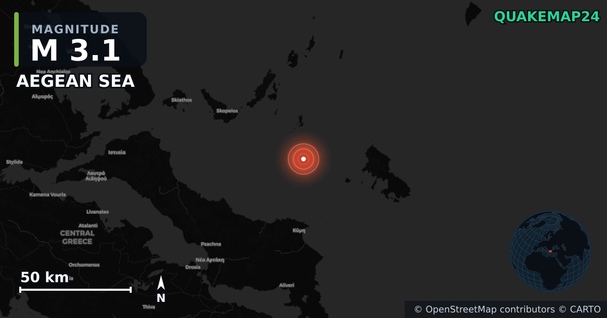 M3.1 earthquake near AEGEAN SEA on Oct 23, 2025 — map of epicenter and shaking intensity | QuakeMap24