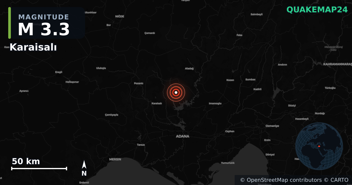 M3.3 earthquake near Karaisalı on Mar 1, 2026 — map of epicenter and shaking intensity | QuakeMap24