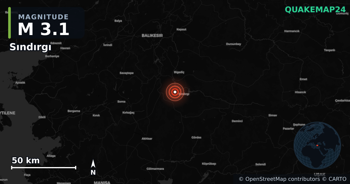 M3.1 earthquake near Sındırgı on Aug 17, 2025 — map of epicenter and shaking intensity | QuakeMap24