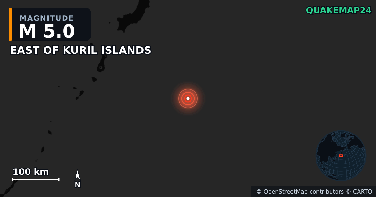 M5.0 earthquake near EAST OF KURIL ISLANDS on Aug 2, 2025 — map of epicenter and shaking intensity | QuakeMap24