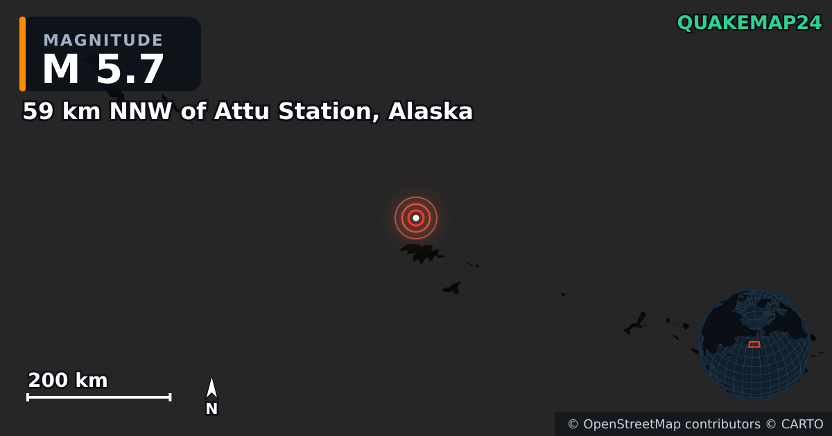M5.7 earthquake near 59 km NNW of Attu Station, Alaska on Apr 2, 2025 — map of epicenter and shaking intensity | QuakeMap24