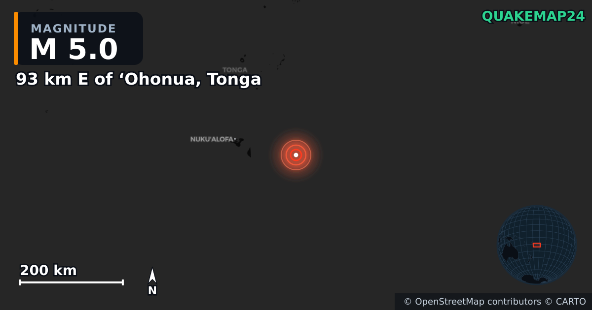 M5.0 earthquake near 93 km E of ‘Ohonua, Tonga on Feb 18, 2025 — map of epicenter and shaking intensity | QuakeMap24