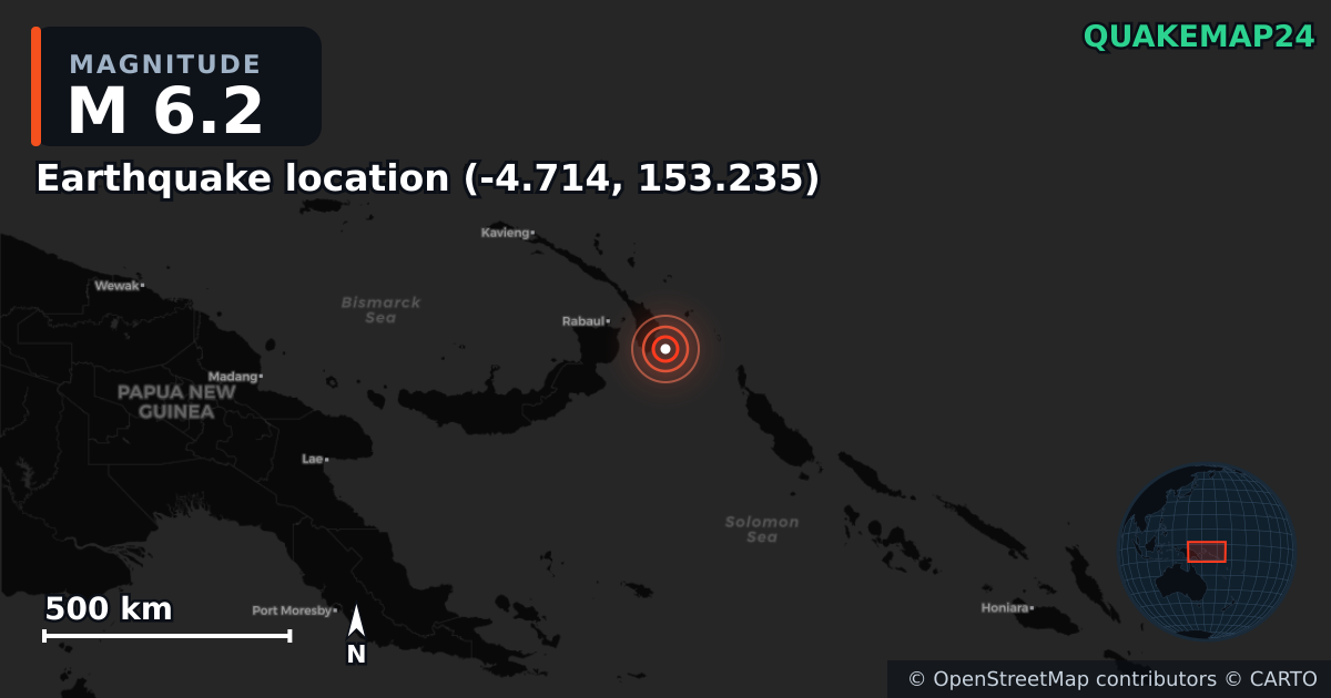 M6.2 earthquake near Deprem konumu (-4.714, 153.235) on Apr 12, 2025 — map of epicenter and shaking intensity | QuakeMap24