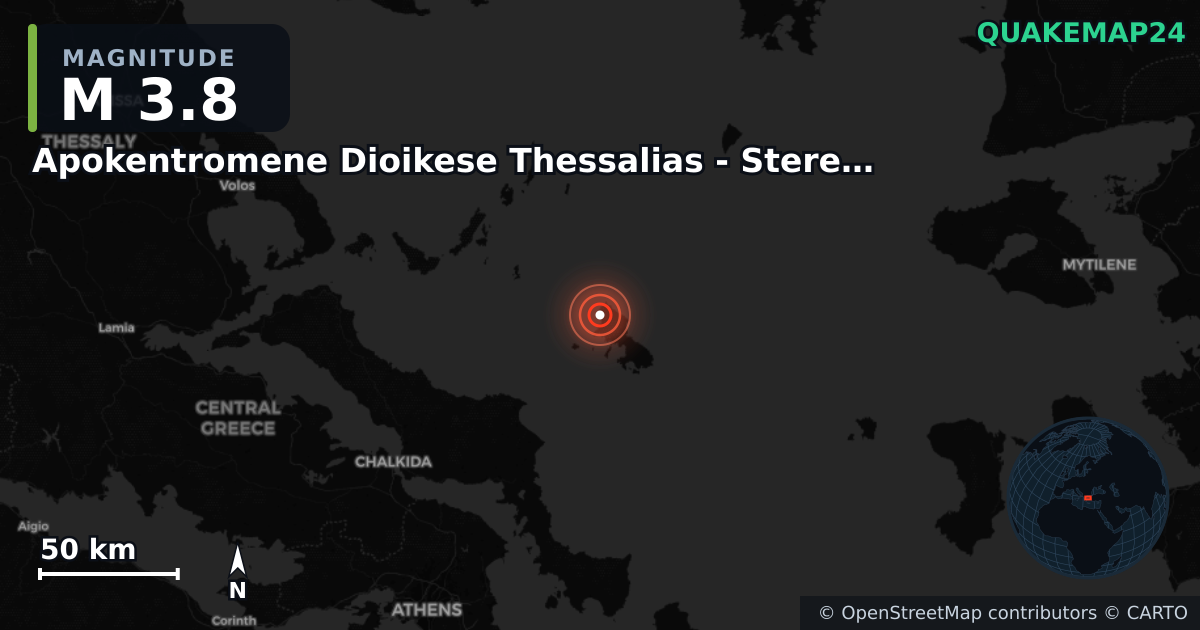 M3.8 earthquake near Apokentromene Dioikese Thessalias - Stereas Ellados on Nov 1, 2025 — map of epicenter and shaking intensity | QuakeMap24