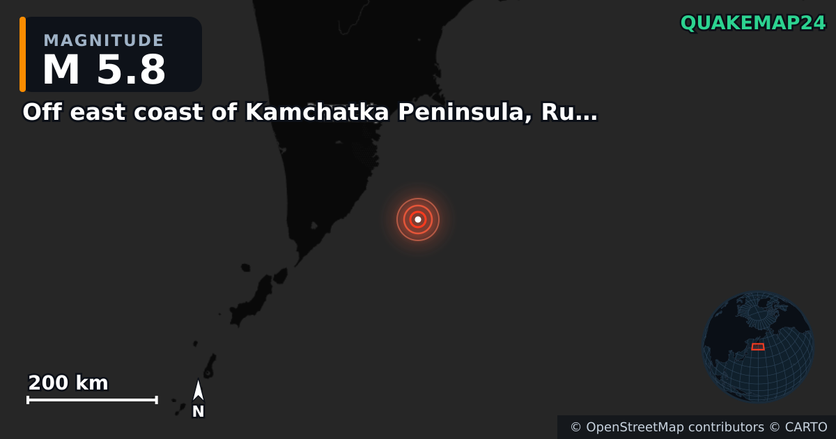M5.8 earthquake near Off east coast of Kamchatka Peninsula, Russia [Sea: Russia] on Sep 22, 2025 — map of epicenter and shaking intensity | QuakeMap24