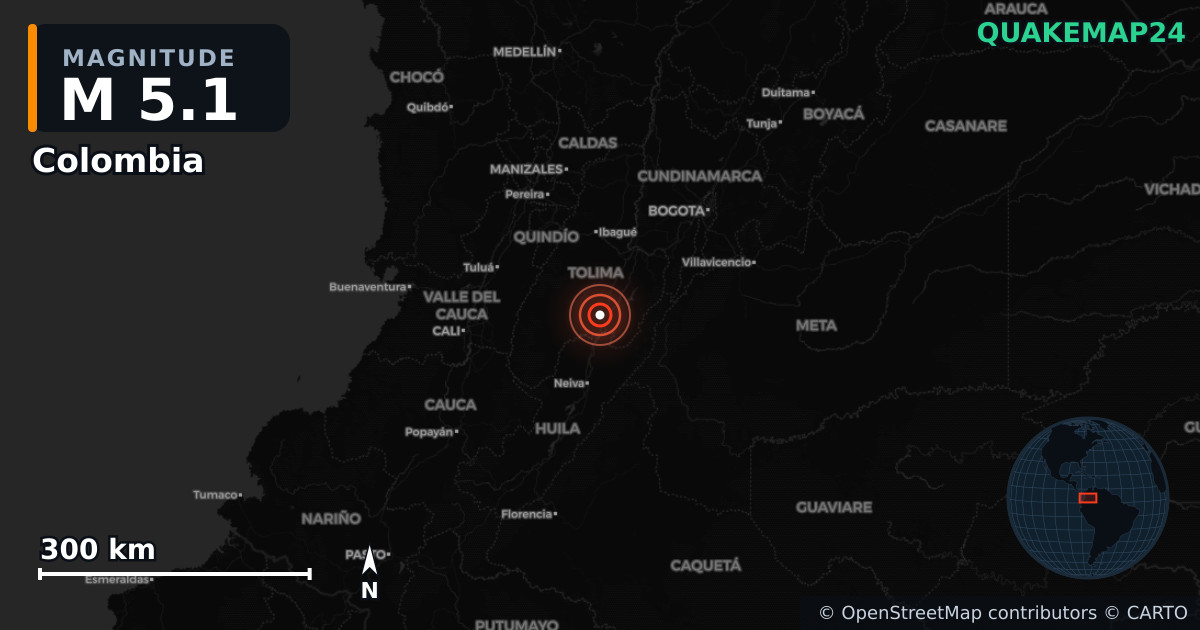 M5.1 earthquake near Colombia on May 19, 2026 — map of epicenter and shaking intensity | QuakeMap24