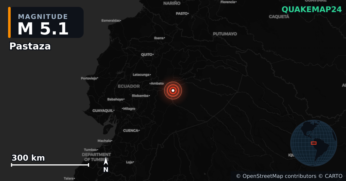 M5.1 earthquake near Pastaza on Sep 3, 2025 — map of epicenter and shaking intensity | QuakeMap24