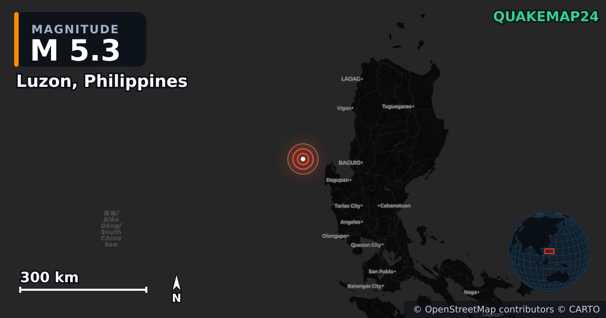 M5.3 earthquake near Luzon, Philippines on Jun 24, 2026 — map of epicenter and shaking intensity | QuakeMap24