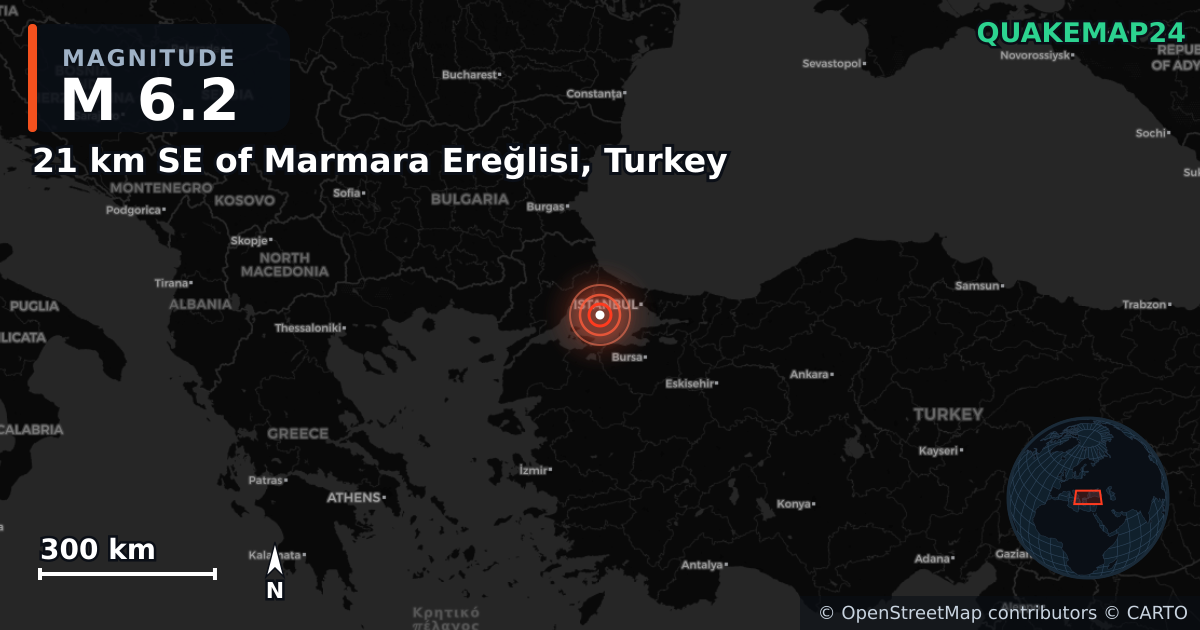 M6.2 earthquake near 21 km SE of Marmara Ereğlisi, Turkey on Apr 23, 2025 — map of epicenter and shaking intensity | QuakeMap24