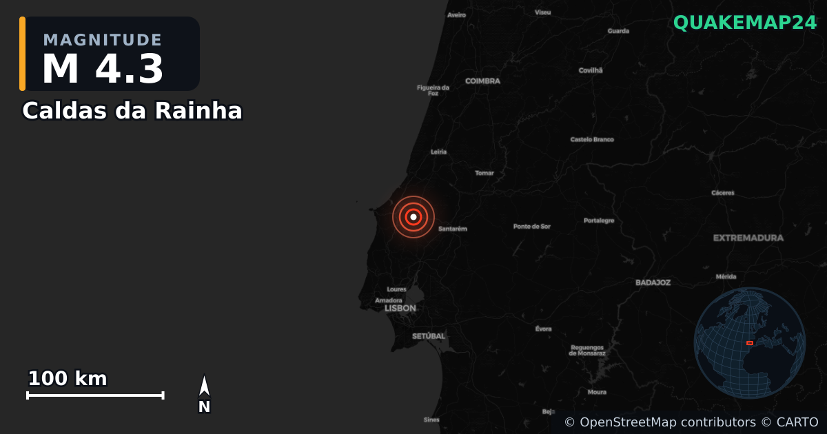 M4.3 earthquake near Caldas da Rainha on Feb 19, 2026 — map of epicenter and shaking intensity | QuakeMap24