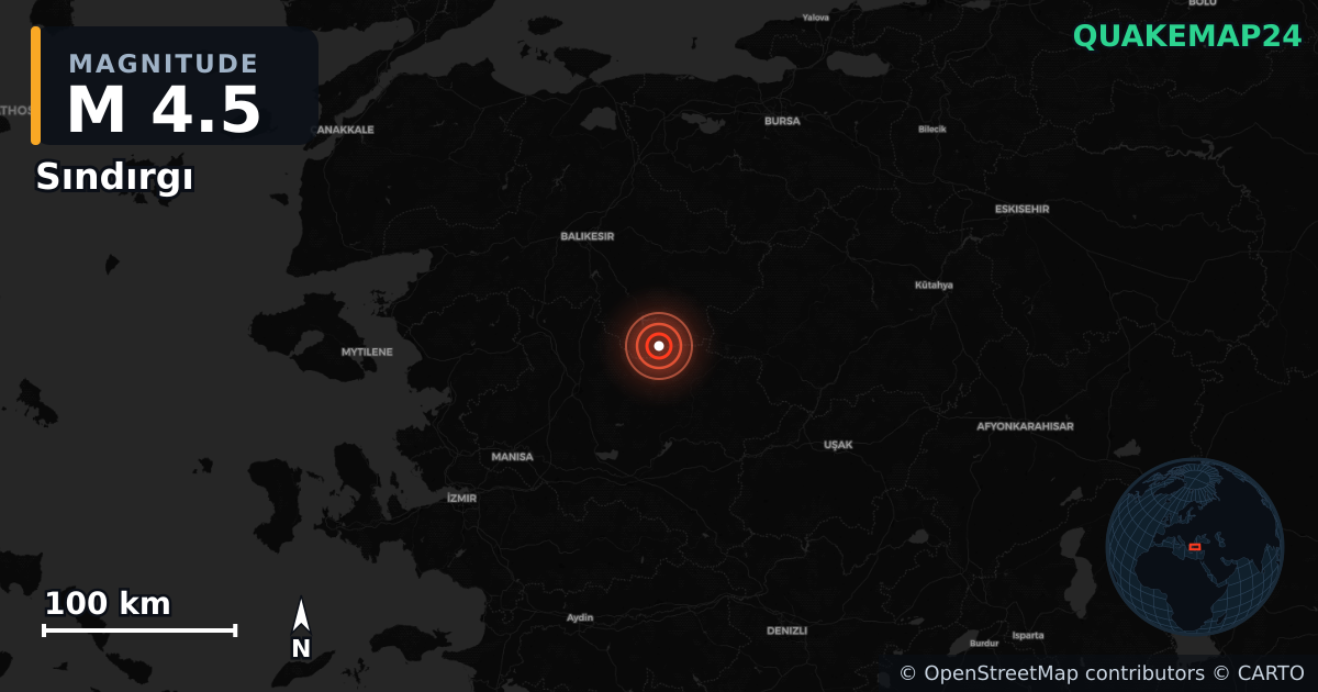 M4.5 earthquake near Sındırgı on Jan 21, 2026 — map of epicenter and shaking intensity | QuakeMap24