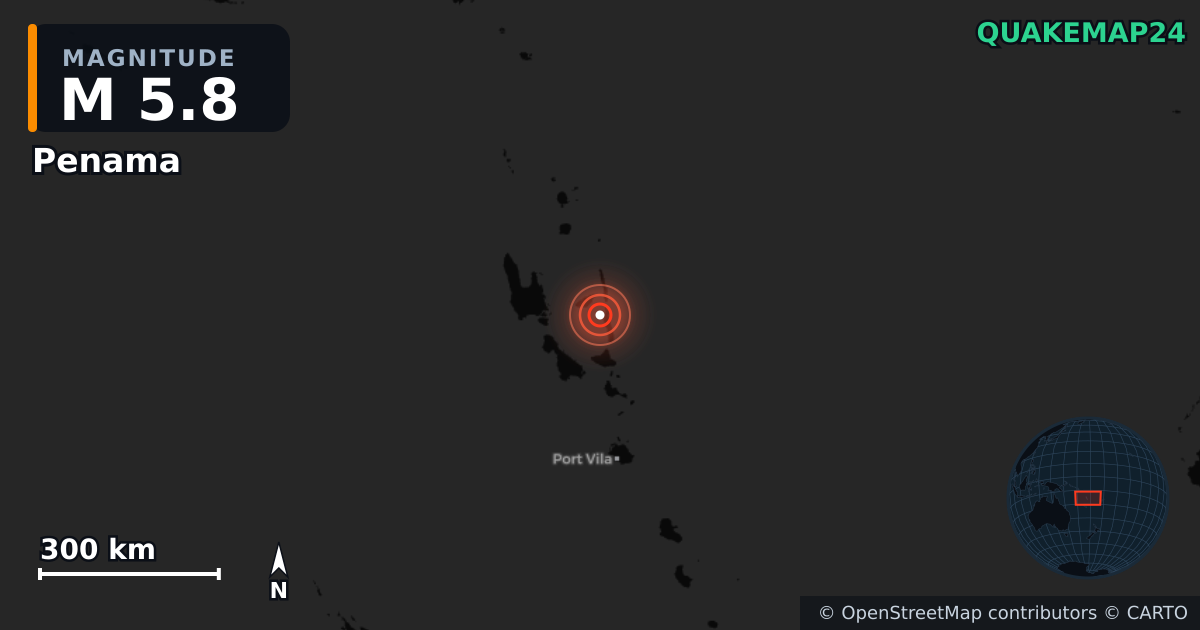 M5.8 earthquake near Penama on Oct 7, 2025 — map of epicenter and shaking intensity | QuakeMap24