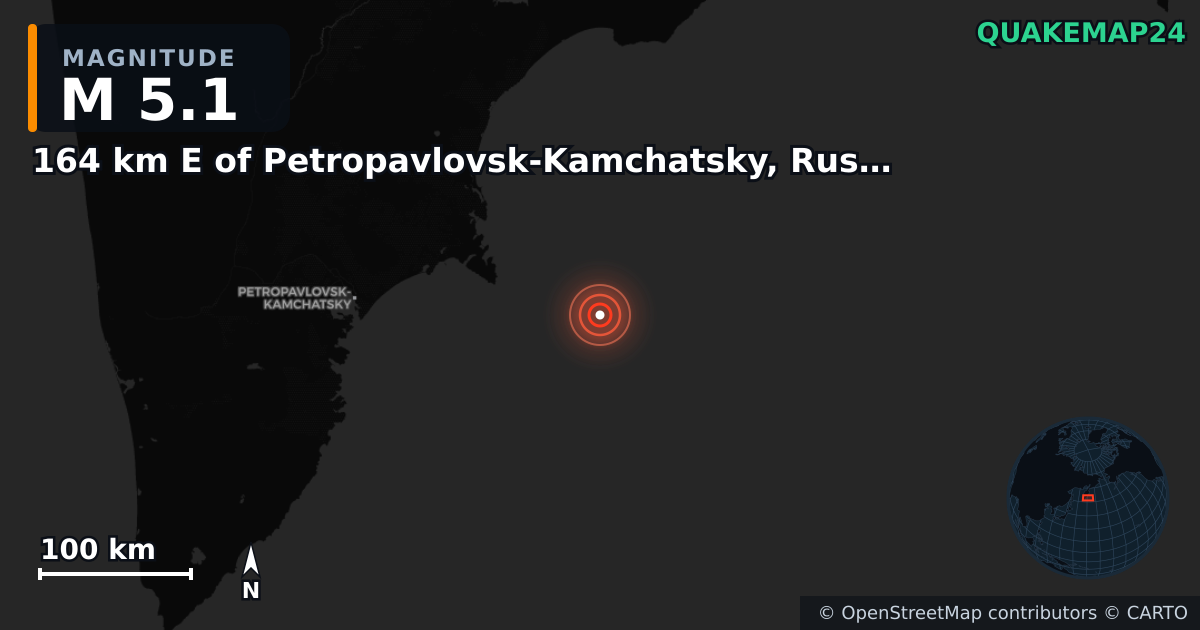 Erdbeben M5,1 bei 164 km E of Petropavlovsk-Kamchatsky, Russia — Karte der Lage des Epizentrums