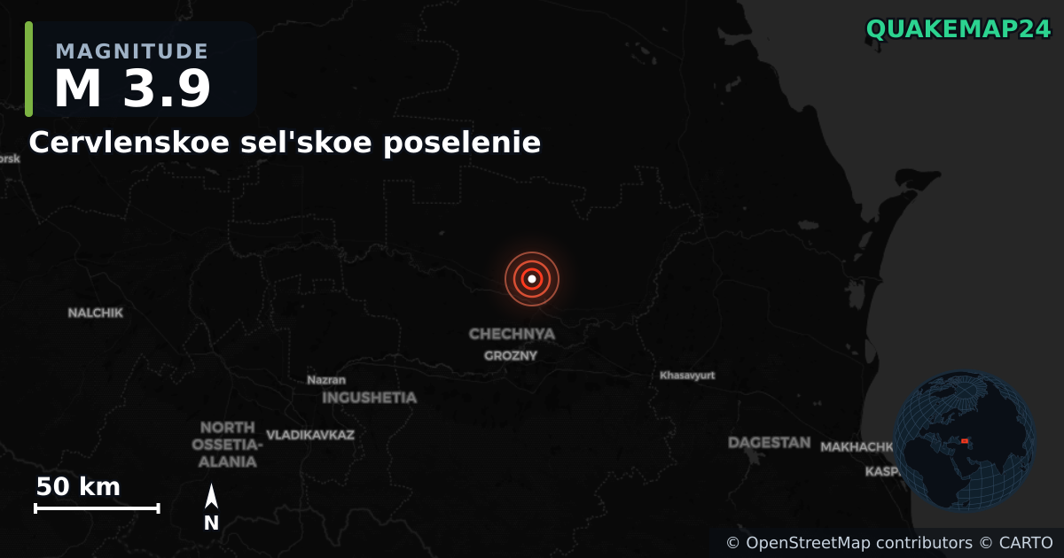 M3.9 earthquake near Cervlenskoe sel'skoe poselenie on Feb 23, 2026 — map of epicenter and shaking intensity | QuakeMap24