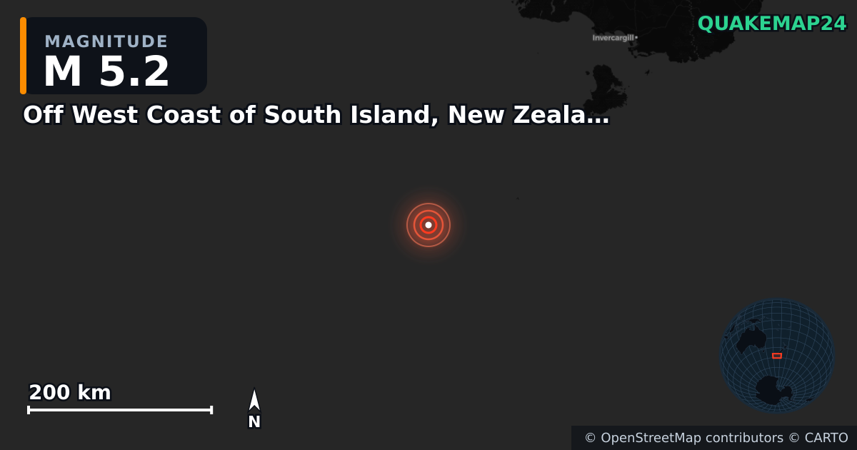 Erdbeben M5,2 bei Off West Coast of South Island, New Zealand · 2026-01-18 — Karte der Lage des Epizentrums