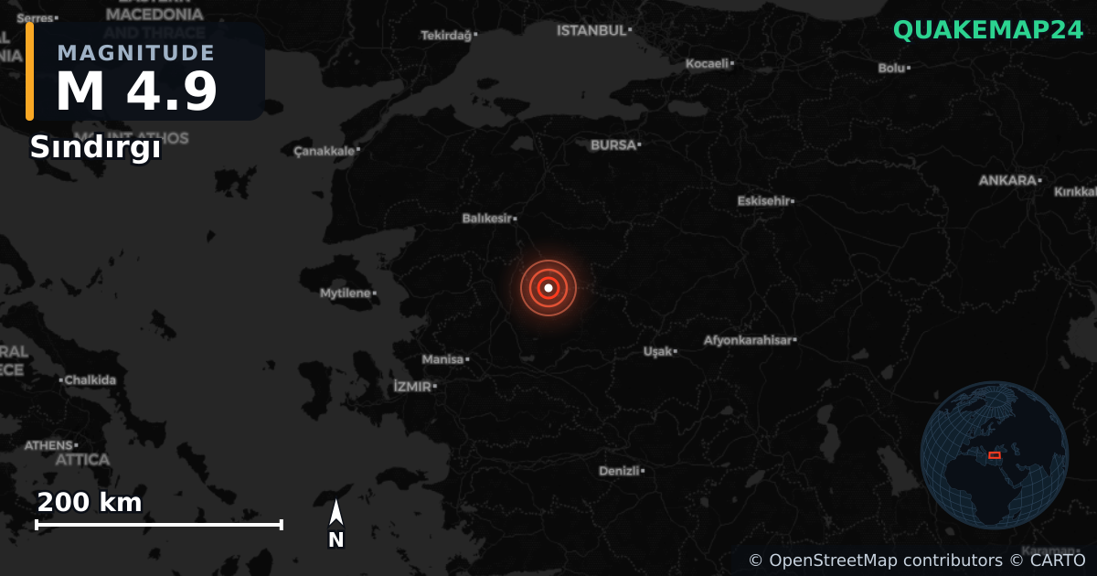 M4.9 earthquake near Sındırgı on Oct 28, 2025 — map of epicenter and shaking intensity | QuakeMap24