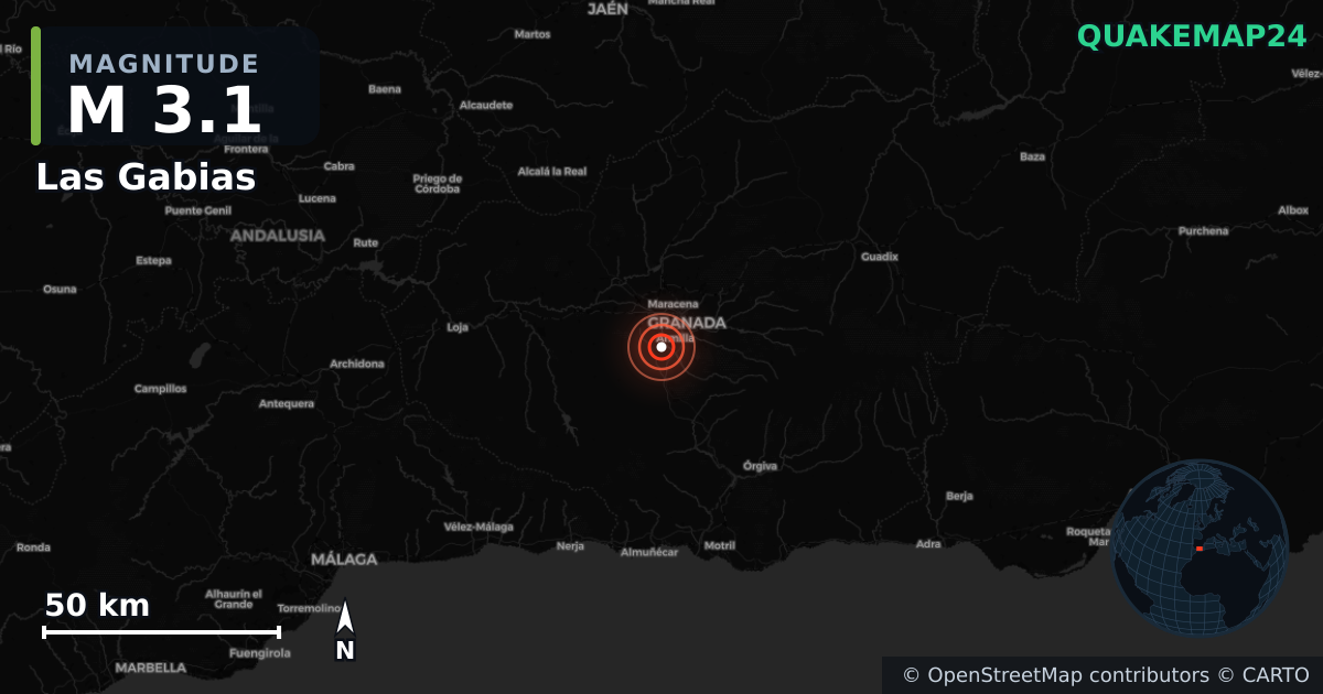 M3.1 earthquake near Las Gabias on Aug 16, 2026 — map of epicenter and shaking intensity | QuakeMap24