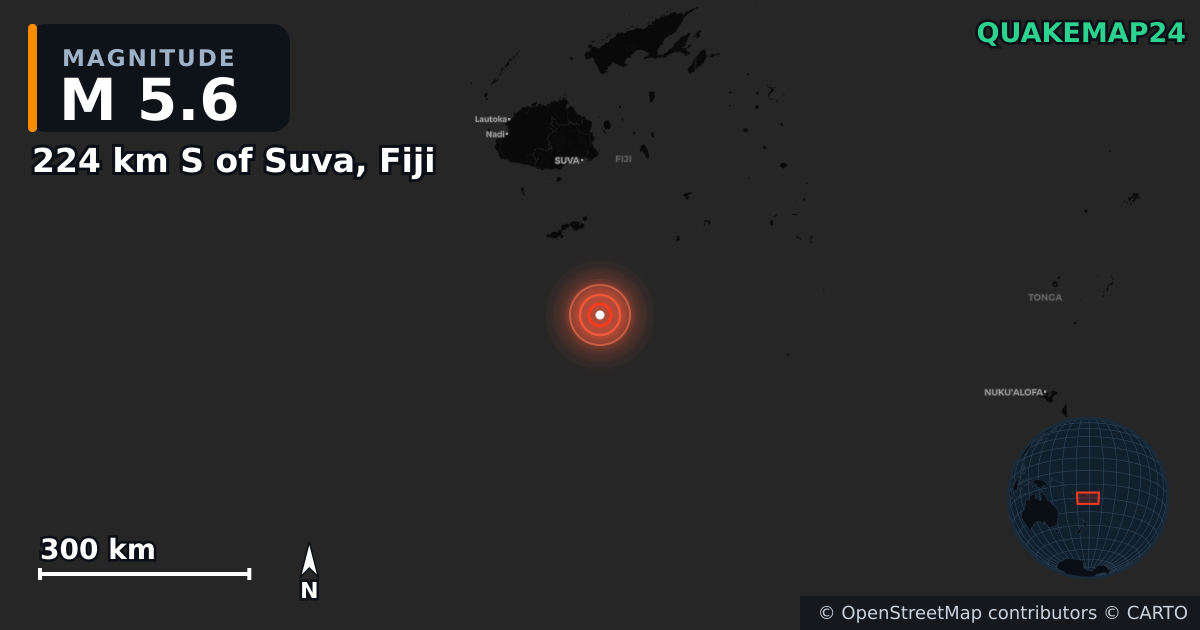 224 km S of Suva, Fiji yakınında M5,6 deprem — Deprem merkez üssünün konumunu gösteren harita