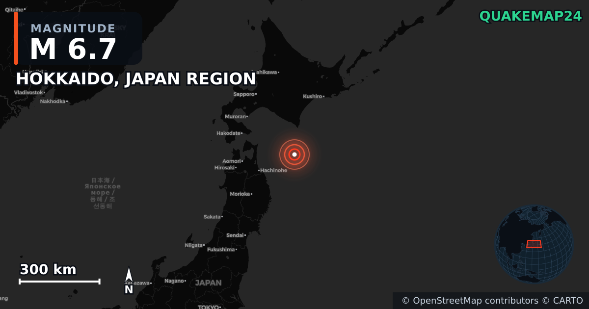 M6.7 earthquake near HOKKAIDO, JAPAN REGION on Dec 8, 2025 — map of epicenter and shaking intensity | QuakeMap24