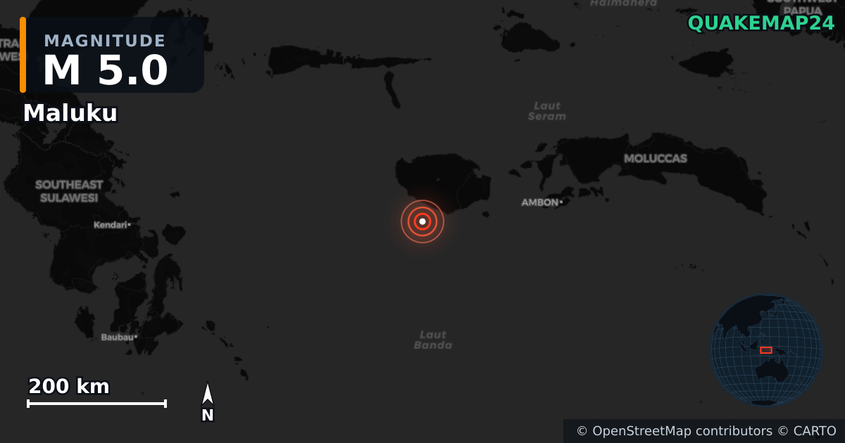 M5.0 earthquake near Maluku on Oct 22, 2025 — map of epicenter and shaking intensity | QuakeMap24