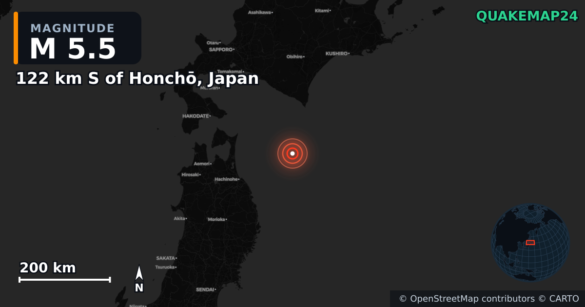 M5.5 earthquake near 122 km S of Honchō, Japan on Dec 12, 2025 — map of epicenter and shaking intensity | QuakeMap24